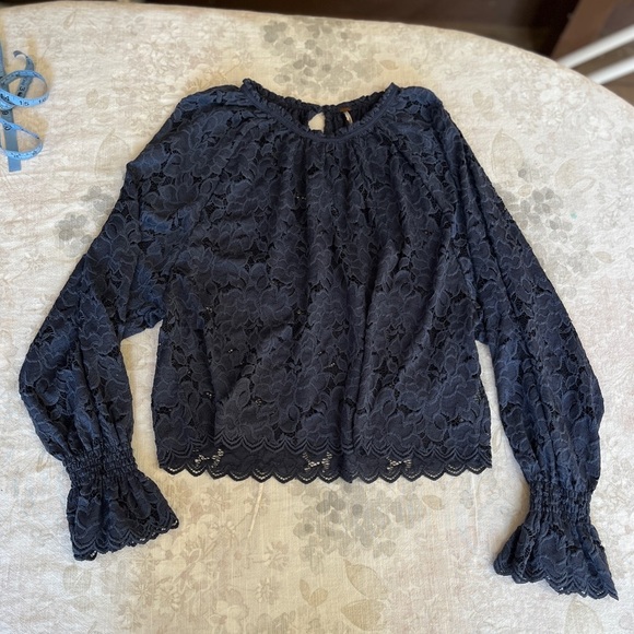 Free People Tops - Free People are Lace Ruffled Blue Long Sleeve Blouse Scalloped Edge
